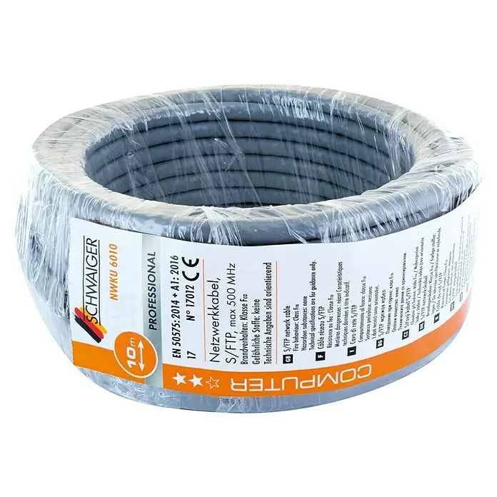 Netzwerkleitung S/FTP - CAT6a, Länge: 10 m, Grau, Bis zu 10 Gbit/s - Abbildung eines Schwaiger NWKU 6010 S/FTP Netzwerkkabels.