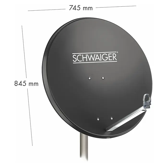 Schwaiger Satellitenschüssel - Aluminium, Anthrazit, Durchmesser Spiegelfläche: 74,5 cm - Das Bild zeigt eine schwarze SCHWAIGER Satellitenschüssel mit den Maßen 745 mm x 845 mm, die für den Empfang von Satellitensignalen konzipiert ist.