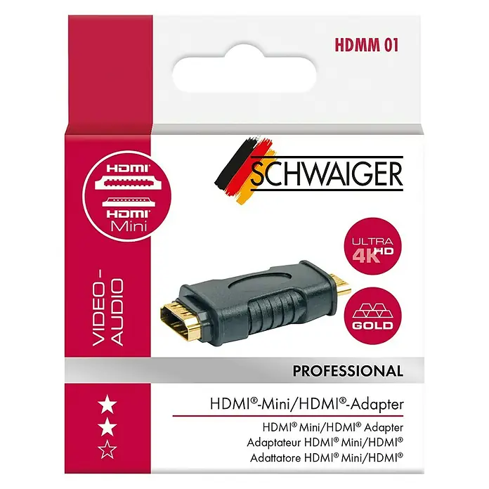 Schwaiger HDMI-Adapter Mini - Schwarz, HDMII C-Stecker, HDMI-Kupplung - Bild eines HDMI-Mini-auf-HDMI-Adapters von SCHWAIGER, der Ultra-4K-Auflösung und vergoldete Anschlüsse für professionelle Audio-Video-Anwendungen bietet.