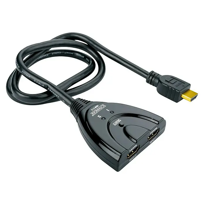 Schwaiger HDMI-Umschalter - Kabellänge: 0,7 m, 2 HDMI-Buchsen - Ein schwarzer HDMI-Umschalter von Schwaiger mit Kabel und zwei Eingängen zum Umschalten von HDMI-Signalen, ideal für Heimkino-Enthusiasten.