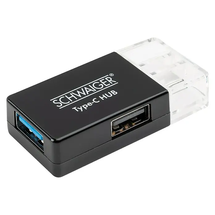 Schwaiger USB-Adapter USB 3.1 - Schwarz, 1 x USB 3.1 C Stecker, 1 x USB 3.0 A Buchse, 1 x USB 2.0 A Buchse - Nahaufnahme eines schwarzen SCHWAIGER Type-C Hubs mit mehreren USB-Anschlüssen für vielseitige Konnektivität.