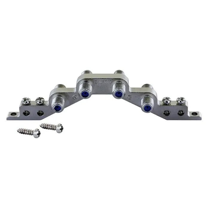 Schwaiger Erdungsblock - 4-fach, 4 x F-Verbinder - Nahaufnahme einer geerdeten Koaxialverteilerleiste mit Schrauben, ideal für die sichere Installation von Antennen- und Kabelanschlüssen.