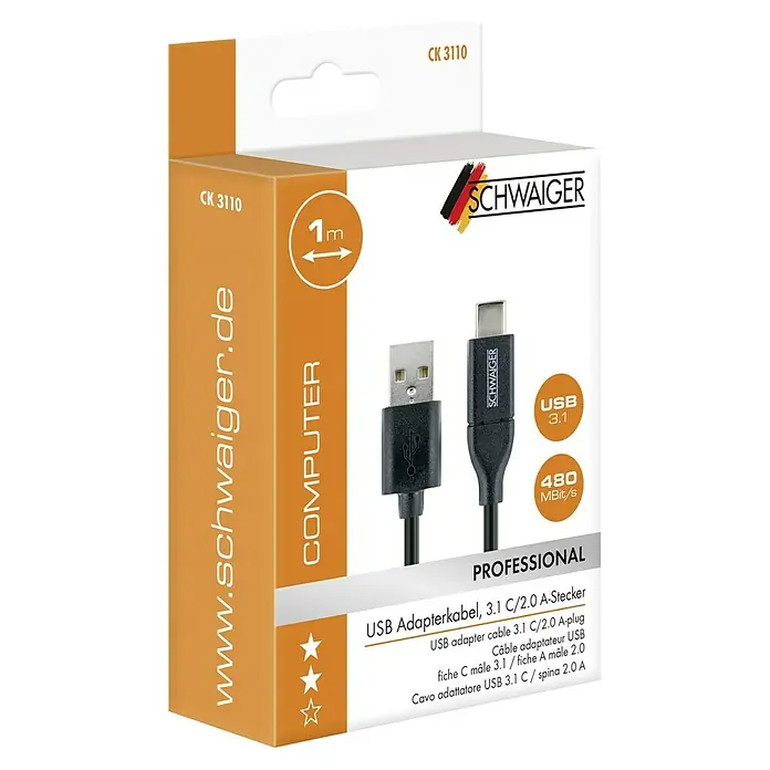 Schwaiger USB-Adapterkabel 3.1 C Stecker / 2.0 A Stecker - 1 m, Schwarz - Produktabbildung eines USB-Adapterkabels 3.1 C/2.0 A-Stecker von Schwaiger in der 1m Variante.