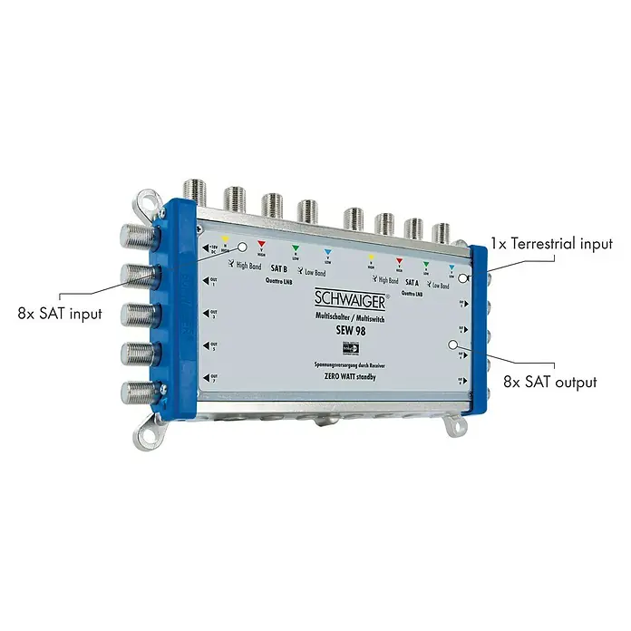 Schwaiger SAT-Multischalter 9 auf 8 - F-Buchse, Ausgangspegel: 97 dbµV (SAT) - Ein SCHWAIGER Multischalter/Multiswitch SEW 98 mit 8 SAT-Eingängen und -Ausgängen sowie 1 terrestrischem Eingang.