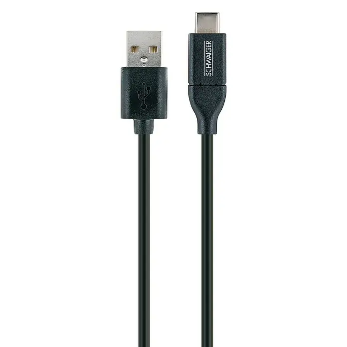 Schwaiger USB-Adapterkabel 3.1 C Stecker / 2.0 A Stecker - 1 m, Schwarz - USB-A- auf USB-C-Kabel von Schwaiger. Das Kabel ist schwarz und hat einen USB-A-Anschluss auf der einen und einen USB-C-Anschluss auf der anderen Seite.