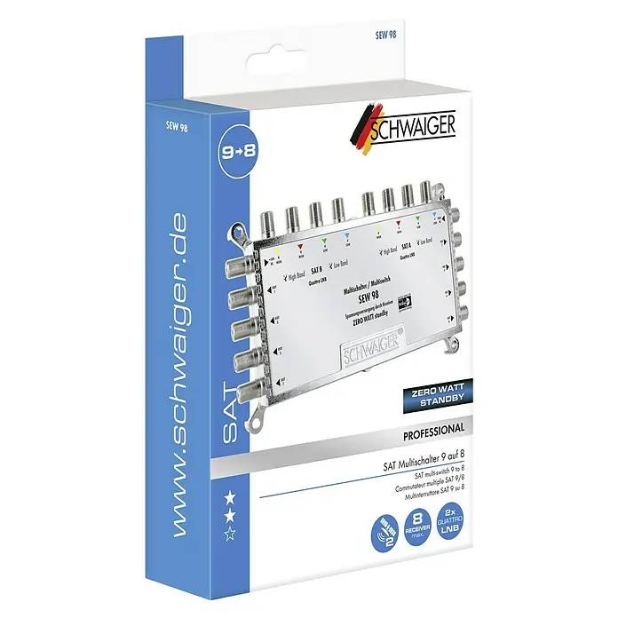 Schwaiger SAT-Multischalter 9 auf 8 - F-Buchse, Ausgangspegel: 97 dbµV (SAT) - Produktverpackung für einen Schwaiger Multischalter SEW 98 mit Infos zu Features und Funktionen für Satellitenempfang.
