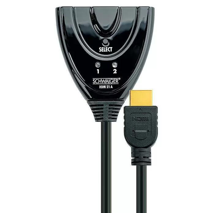 Schwaiger HDMI-Umschalter - Kabellänge: 0,7 m, 2 HDMI-Buchsen - Schwarzer HDMI-Umschalter mit 2 Eingängen und 'SELECT'-Taste, mit vergoldetem HDMI-Ausgangsstecker.