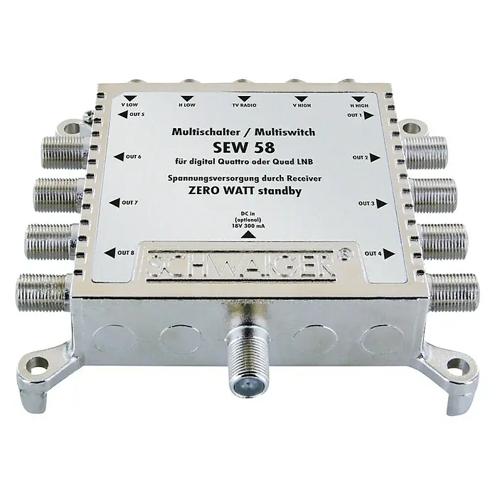 Schwaiger SAT-Multischalter 5 auf 8 - F-Buchse, Ausgangspegel: 97 dbµV (SAT) - Nahaufnahme eines Multischalters SEW 58 von SCHWAIGER für digitalen Quattro- oder Quad-LNB mit Zero Watt Standby Funktion.