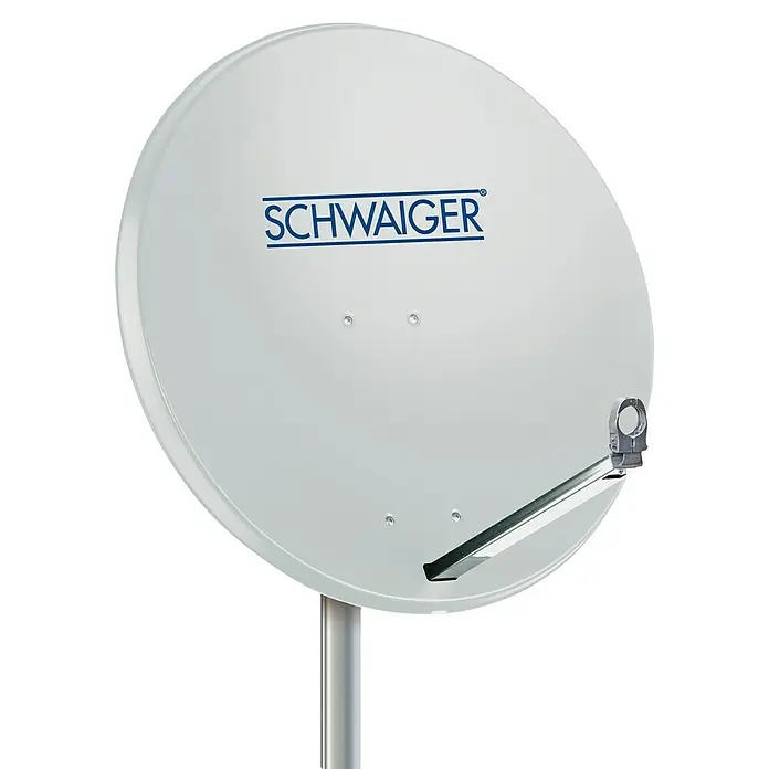 Schwaiger Satellitenschüssel - Aluminium, Hellgrau, Durchmesser Spiegelfläche: 74,5 cm - Abbildung einer Schwaiger Satellitenschüssel, die für den Empfang von Satellitensignalen konzipiert ist und auf einem Mast montiert ist.