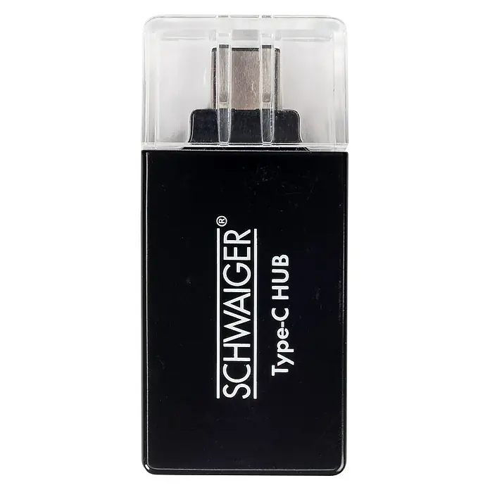 Schwaiger USB-Adapter USB 3.1 - Schwarz, 1 x USB 3.1 C Stecker, 1 x USB 3.0 A Buchse, 1 x USB 2.0 A Buchse - Abbildung eines schwarzen SCHWAIGER Type-C HUB mit transparenter Abdeckung, ideal zum Anschließen von Geräten mit Typ-C-Anschluss.