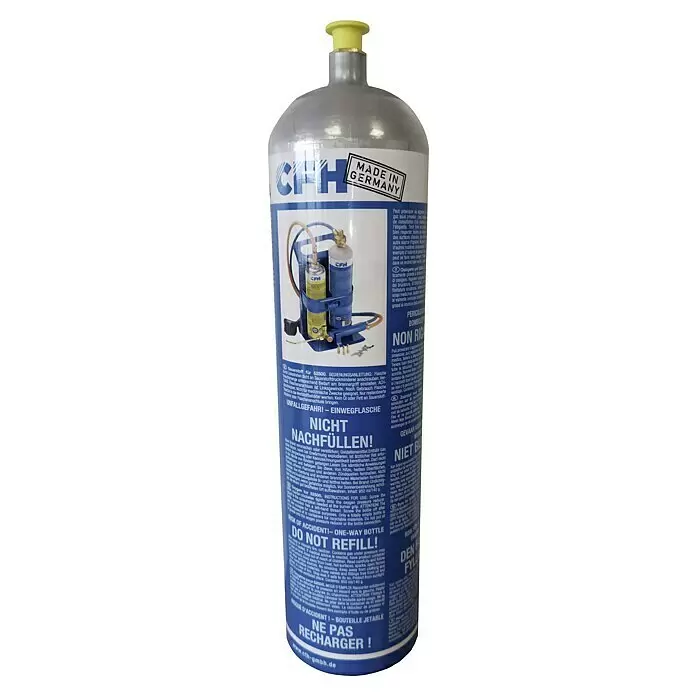 CFH Sauerstoff-Flasche - 950 ml, Passend für: CFH-Schweiß-Fix SF 3100 - Silberne Sauerstoffgasflasche mit gelbem Deckel und blauem Etikett, das CFH-Logo und ein Gasbrenner-Set zeigt.