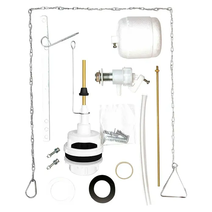 Kit mecanismo de cisterna alta - Específico para: Cisternas de tanque alto o suspendido - Un kit de reparación de inodoro con varias piezas, incluyendo un flotador, válvulas y sellos, diseñado para garantizar una reparación eficiente.