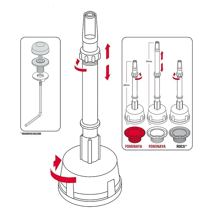 Descarga para WC con tirador - Plástico - Ilustración de una válvula de descarga de inodoro con instrucciones de instalación y opciones de compatibilidad.