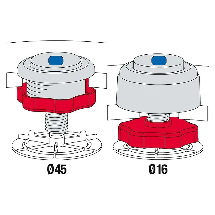 Pulsador cisterna doble - 2 descargas, Cromo - Dos dibujos de sistemas de nivelación que muestran tornillos rojos e inserciones azules.