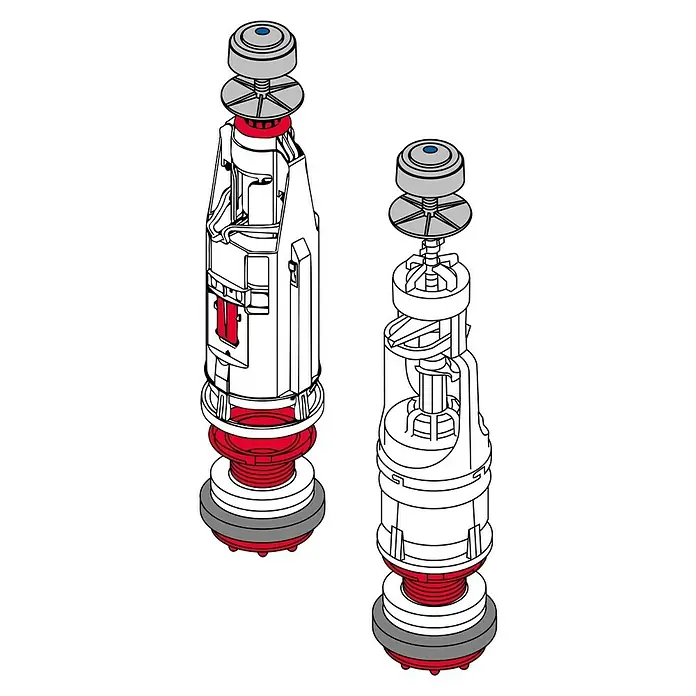 Pulsador cisterna doble - 2 descargas, Cromo - Dos válvulas de descarga de inodoro en vista esquemática, ideales para reparaciones e instalaciones de fontanería.