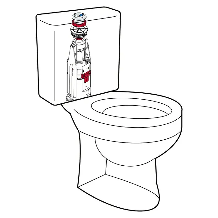 Descarga para WC doble regulable - Volumen de descarga: 6 l - 9 l - Ilustración de un inodoro con un accesorio de tapa de tanque, que muestra el mecanismo interno de descarga.
