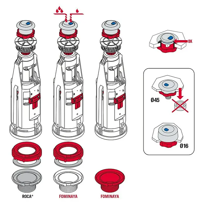 Descarga para WC doble regulable - Volumen de descarga: 6 l - 9 l - Una instalación sanitaria con diversos componentes, incluyendo espigas de conexión para diferentes modelos.