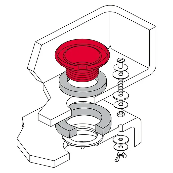 Descarga para WC doble regulable - Volumen de descarga: 6 l - 9 l - Vista isométrica de un botón de parada de emergencia con un pulsador rojo y sus elementos de montaje.