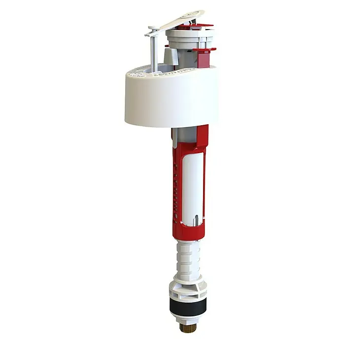 Válvula de llenado compacto servo inferior -  - Primer plano de una válvula de llenado de inodoro roja y blanca, mostrando su diseño moderno y funcionalidad para una gestión eficiente del agua.