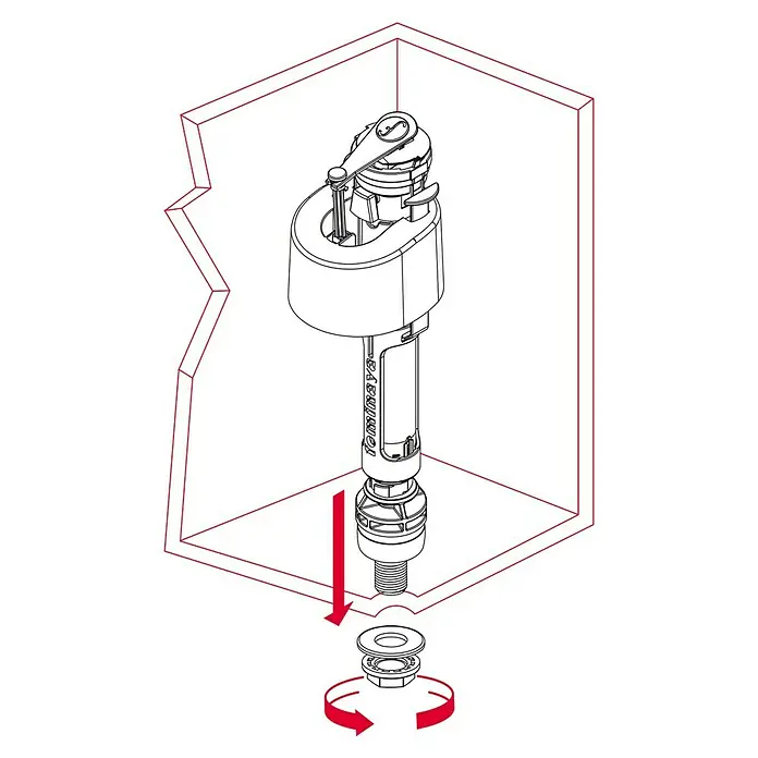 Válvula de llenado compacto servo inferior -  - Esquema de una válvula de llenado de inodoro que se instala en una caja, incluyendo tornillos e instrucciones.