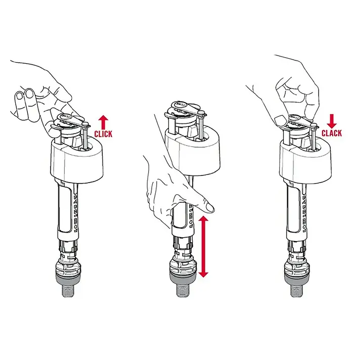 Válvula de llenado compacto servo inferior -  - Instrucciones del producto: La válvula de descarga del inodoro se ajusta hacia arriba con un clic y hacia abajo con un clac para un rendimiento óptimo.
