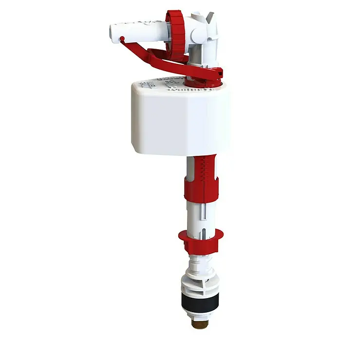 Válvula de llenado compacto rosca de latón -  - Primer plano de una válvula de llenado de inodoro con un diseño rojo y blanco, diseñada para tanques de descarga.