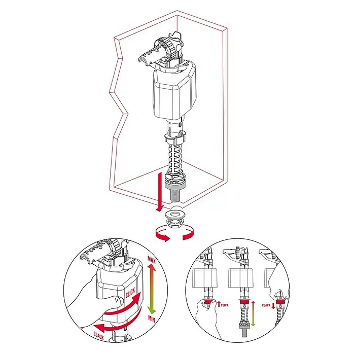 Válvula de llenado compacto rosca de plástico - ⅜″, Inferior - Ilustración de una válvula de llenado para inodoro Fenix con instrucciones de instalación, que muestra el montaje y el ajuste del nivel de agua.