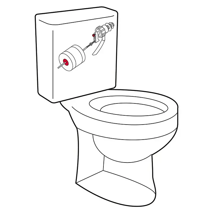 Válvula de llenado con boya -  - Un simple dibujo lineal de un inodoro, que muestra su diseño típico y sus accesorios de fontanería.