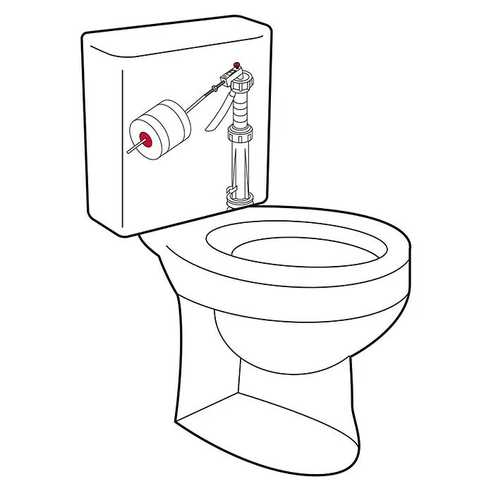 Válvula de llenado con boya -  - Ilustración de un inodoro, que detalla su tanque y mecanismo interno. Las instalaciones sanitarias son esenciales para los hogares.