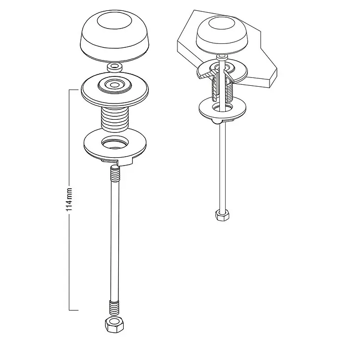 Botón tirador recto - Altura: 114 mm, Cromo, Plástico - Ilustración de un producto, un juego de accesorios de cisterna de váter de 114 mm, formado por botón, junta, arandelas, rosca y tuerca.