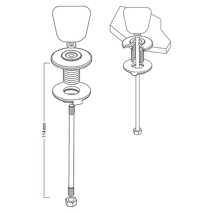 Botón tirador recto - Altura: 114 mm, Cromo, Latón - Ilustración de un conjunto de válvula de inodoro, de 114 mm de longitud, que detalla los componentes mecánicos de la válvula.