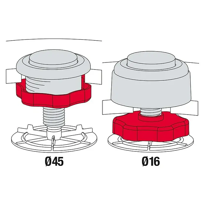 Pulsador cisterna simple - 1 descarga, Cromo - Ilustración de dos pies niveladores con base roja, que indican su diámetro para diferentes aplicaciones.