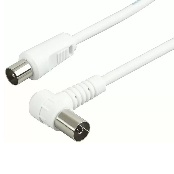 Schwaiger Antennen-Anschlusskabel - 10 m, Weiß, 75 dB, IEC Stecker auf IEC Winkelbuchse - Detailaufnahme