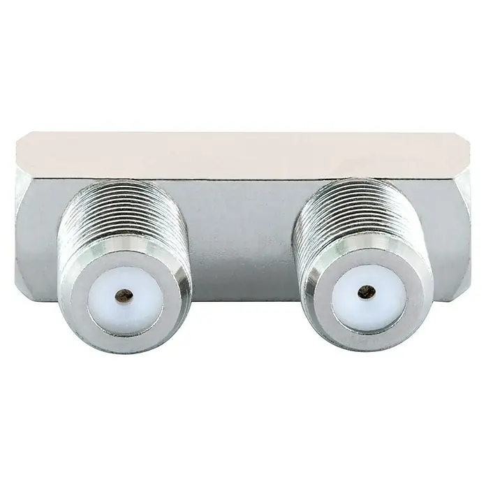Schwaiger F-Doppelbuchse - U-Form, Geeignet für: F-Stecker - Nahaufnahme eines Antennenverteilers mit zwei F-Anschlüssen, ideal für TV- und Satellitenanlagen, in Silber gehalten für optimale Signalübertragung.