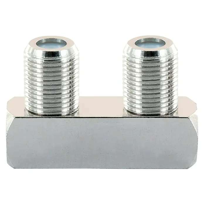 Schwaiger F-Doppelbuchse - U-Form, Geeignet für: F-Stecker - Nahaufnahme eines silbernen Koaxialkabel-Splitters mit zwei Anschlüssen, der für die Signalverteilung in Kabelnetzen verwendet wird.