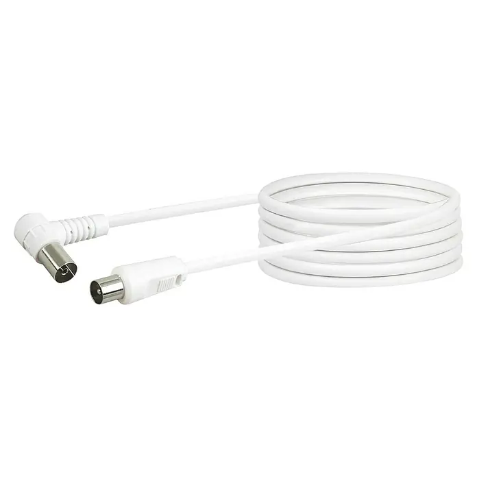 Schwaiger Antennen-Anschlusskabel - 10 m, Weiß, 75 dB, IEC Stecker auf IEC Winkelbuchse - Koaxialkabel mit F-Steckern und gewinkeltem Stecker. Das Antennenkabel ist aufgerollt und weiß. Für eine optimale TV-Verbindung.