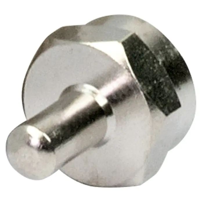 Schwaiger F-Abschlusswiderstand - F-Stecker, 75 Ω - Nahaufnahme eines silbernen Nippels, ein kleines, zylindrisches Bauteil mit einem gerundeten Ende und einem sechseckigen Kopf.