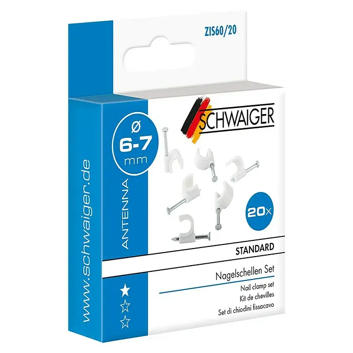 Schwaiger Nagelschelle - 20 Stk., Max. Leitungsdurchmesser: 7 mm, Weiß - Abbildung einer Packung Nagelclips von Schwager, geeignet für Antennenkabel mit einem Durchmesser von 6-7 mm.