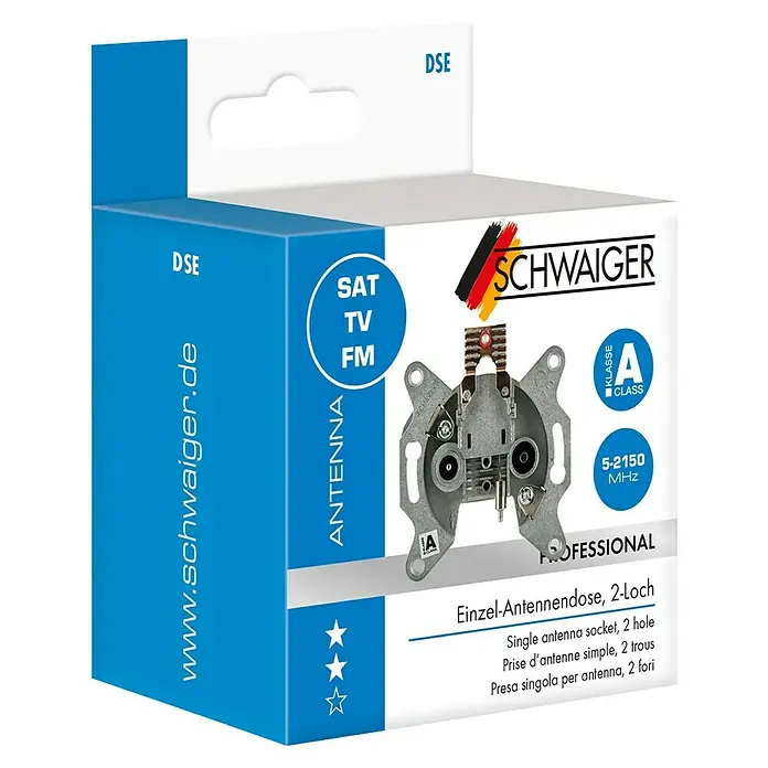 Schwaiger Antennendosen-Einsatz Einzel-Durchgangsdose - 2-fach, 2,5 dB - 8 dB - Verpackung einer Schwaiger Einzel-Antennendose mit 2 Löchern, geeignet für SAT, TV und FM-Signale, mit Frequenzbereich 5-2150 MHz.