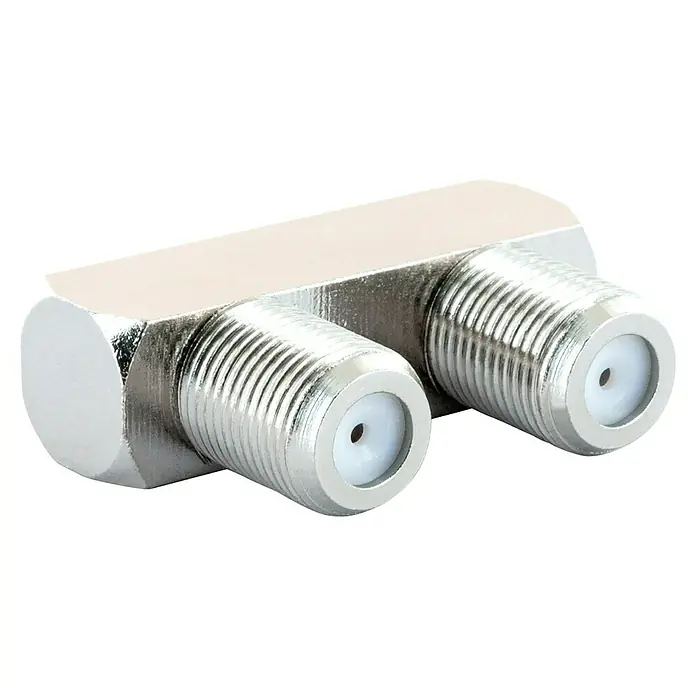 Schwaiger F-Doppelbuchse - U-Form, Geeignet für: F-Stecker - Eine Nahaufnahme eines T-förmigen Koaxialkabel-Splitters mit zwei F-Anschlüssen, ideal für die Signalverteilung in Heimnetzwerken.
