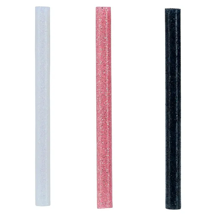 Rapid Klebepatronen Glitzer - Durchmesser Klebepatrone: 7 mm, Weiß/Pink/Schwarz Glitzer - Drei Glitzerklebestifte in Weiß, Rosa und Schwarz auf einem schwarzen Hintergrund. Ideal zum Basteln und für kreative Projekte.