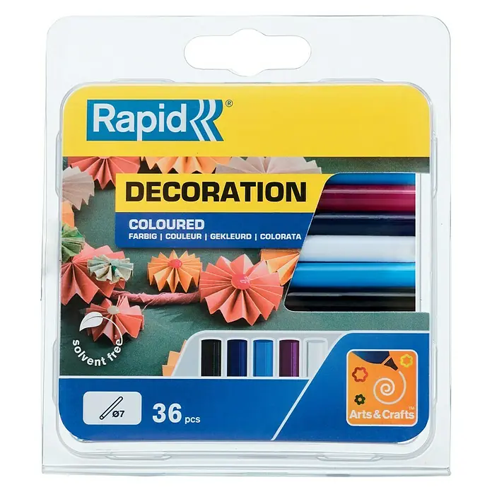 Rapid Klebepatronen Bunt - Durchmesser Klebepatrone: 7 mm, Weiß/Rot/Gelb/Hellblau/Dunkelblau/Schwarz - Eine Packung Rapid Dekoration Farbstifte mit 36 Stück zum Basteln und Dekorieren, ideal für kreative Projekte.