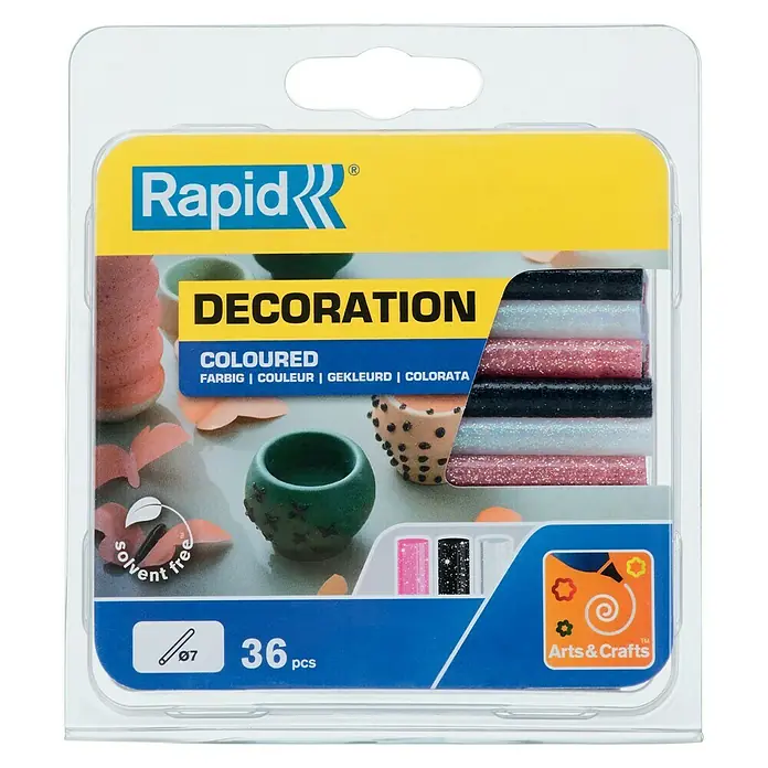 Rapid Klebepatronen Glitzer - Durchmesser Klebepatrone: 7 mm, Weiß/Pink/Schwarz Glitzer - Bild von "Rapid Decoration COLORED"-Klebestiften, 36 Stück, für Kunst und Handwerk, lösemittelfrei, ideal für kreative Projekte.