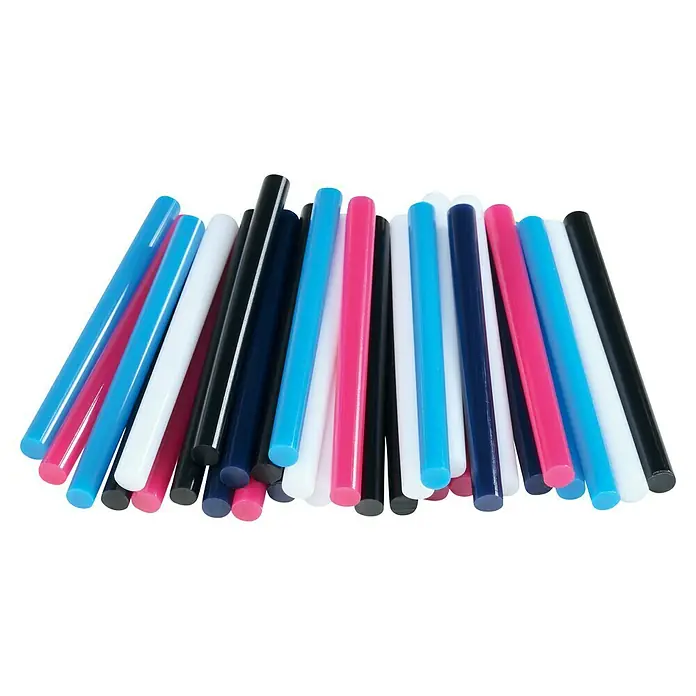 Rapid Klebepatronen Bunt - Durchmesser Klebepatrone: 7 mm, Weiß/Rot/Gelb/Hellblau/Dunkelblau/Schwarz - Eine Nahaufnahme von bunten Klebestiften. Diese sind in einer Vielzahl von Farben erhältlich. Perfekt für Bastelarbeiten und DIY-Projekte.
