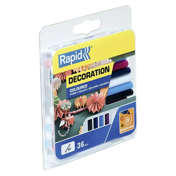 Rapid Klebepatronen Bunt - Durchmesser Klebepatrone: 7 mm, Weiß/Rot/Gelb/Hellblau/Dunkelblau/Schwarz - Verpackung mit Rapid Decoration Farbstiften, 36 Stück, lösungsmittelfrei, ideal für Bastelarbeiten und kreative Projekte.