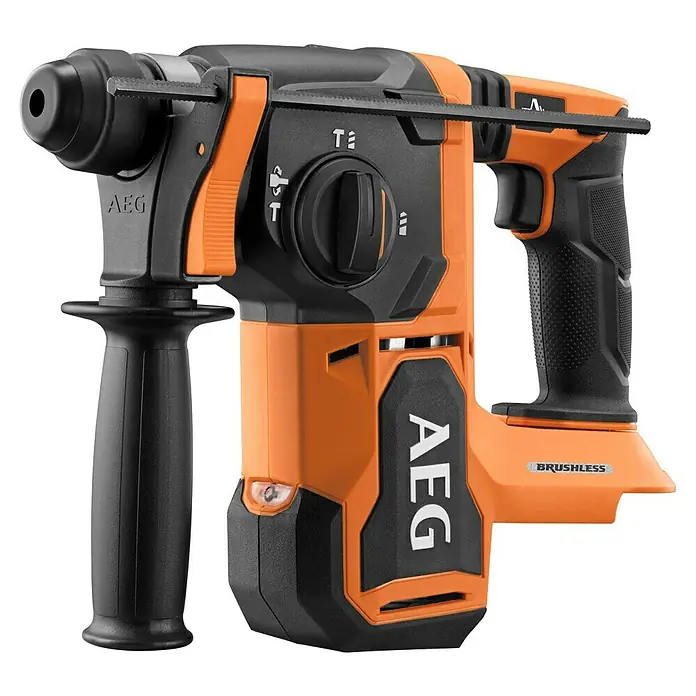 AEG Pro 18V Akku-Kombihammer BBH18BL2-0 - 18 V, Ohne Akku, 2,5 J - AEG Akku-Bohrhammer in Orange und Schwarz mit Zusatzhandgriff und dem Schriftzug "AEG" für präzise Bohrarbeiten.