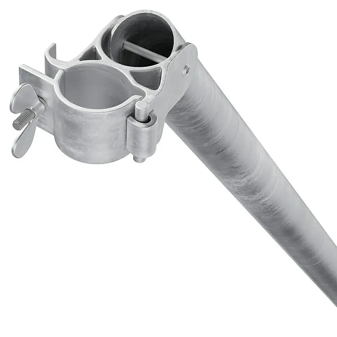 Krause ClimTec Ausleger - Länge: 2,6 m, Durchmesser: 39 mm - Nahaufnahme einer silberfarbenen Mastbefestigungsklammer, die für Stabilität und sichere Montage von Masten und Rohren entwickelt wurde.