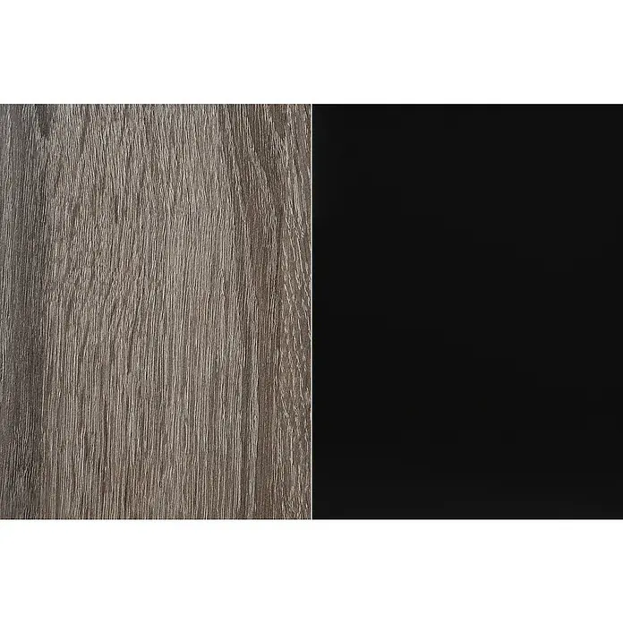 Respekta Singleküche Oliver - Breite: 195 cm, Schwarz, Mit Duo-Kochmulde und Mikrowelle - Eine Nahaufnahme von einem Paneel mit Holzmaserung auf der linken Seite und einer glatten, schwarzen Oberfläche auf der rechten Seite.