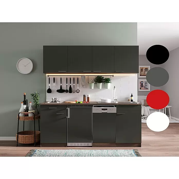 Respekta Singleküche Oliver - Breite: 195 cm, Grau, Mit Duo-Kochmulde - Kompakte dunkelgraue Küchenzeile mit Holzplatte, integrierten Geräten, Spüle und Kochfeld, im modernen Wohnraum.