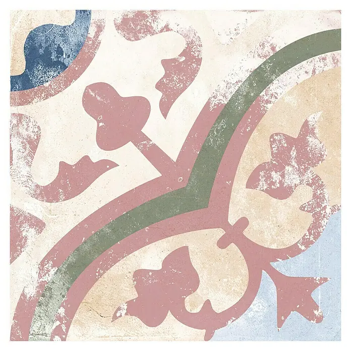 Feinsteinzeugfliese Vintage Heritage - 25 x 25 cm, Beige/Grün/Rot/Blau, Matt - Dekorfliese mit floralem Design in Rosa, Grün und Blau auf beigem Hintergrund. Eine stilvolle Ergänzung für jeden Raum.